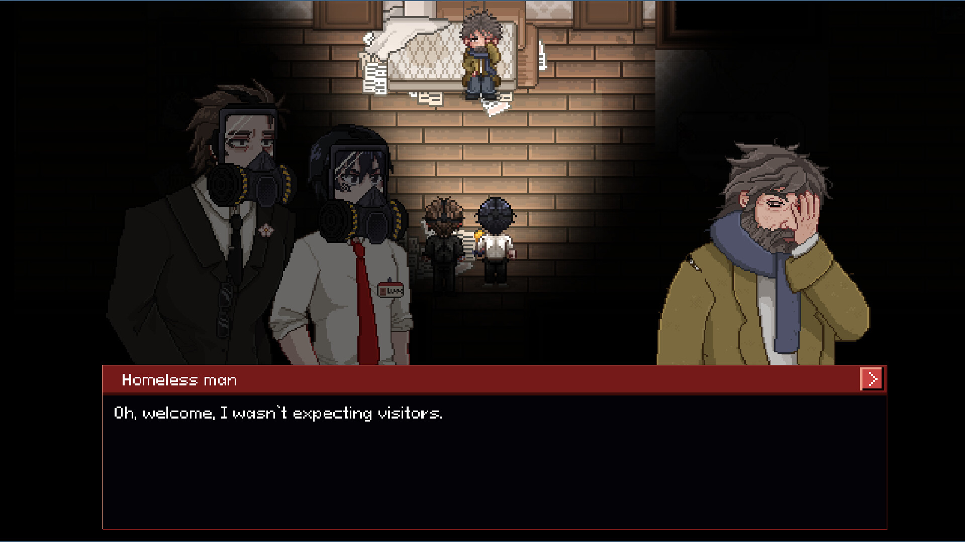 Mycopsychosys: Project Jupiter - A pair of detectives in gas masks speak with a homeless man who is holding his injured eye.