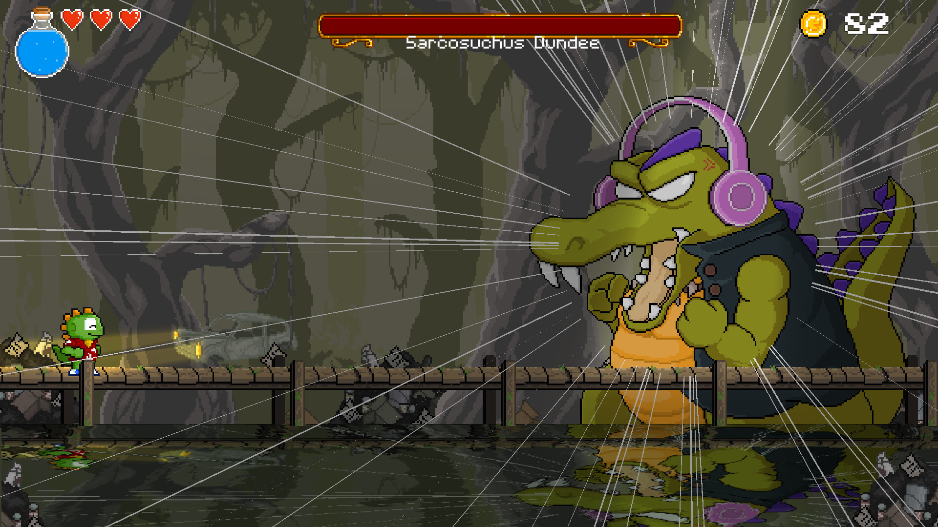 Dinopunk: the Cacops Adventure - A dinosaur in a red shirt squares off against a ginat crocodile in a leather vest.
