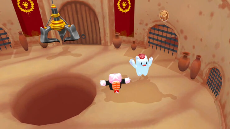 Plush Party - Two stuffed-animal looking characters running around a sandy arena while a claw hovers over the middle.