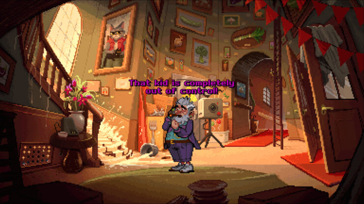 Ghost Haunting - An older man talks on a cell phone in a room filled with paintings.