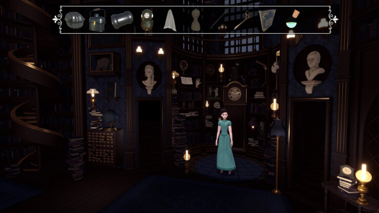 Dark Tides - A woman in a blue dress stands in a room with a clock and some books & statues.