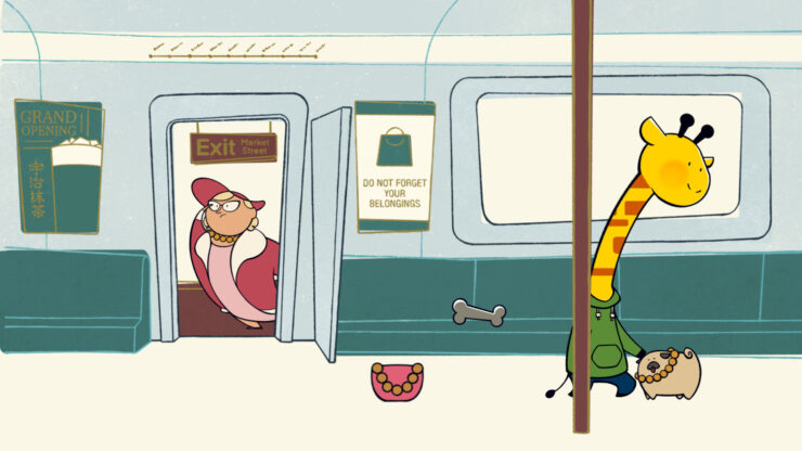 Asocial GIraffe - A giraffe leads a small pug around a subway while a woman looks in through the doors.