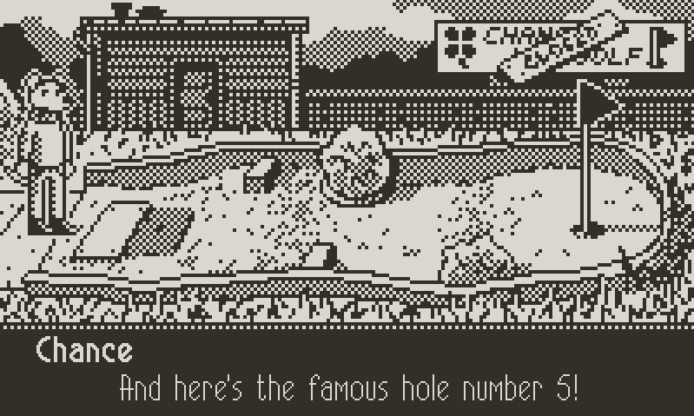 Chance's Lucky Escape - A humanoid dog stands on a golf course.