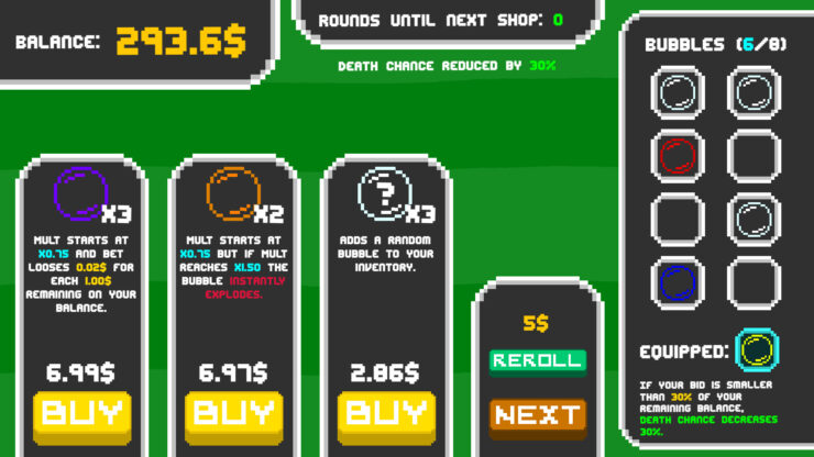 Bubble Investor - A screen of different options of bubble rules and associated costs.