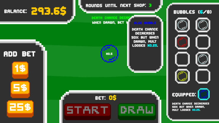 Bubble Investor - A screen of available bets the player can take on a blue bubble growing in the center of the screen.