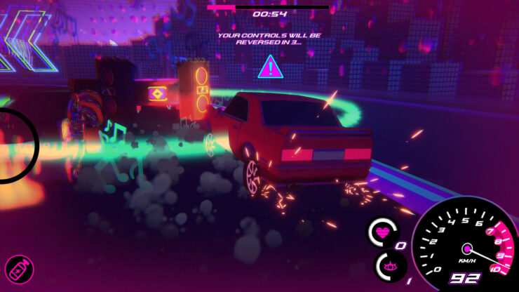 Broken Race - A car rushes toward a set of speakers as a warning tells the player that their controls will be reversed in 3 seconds.