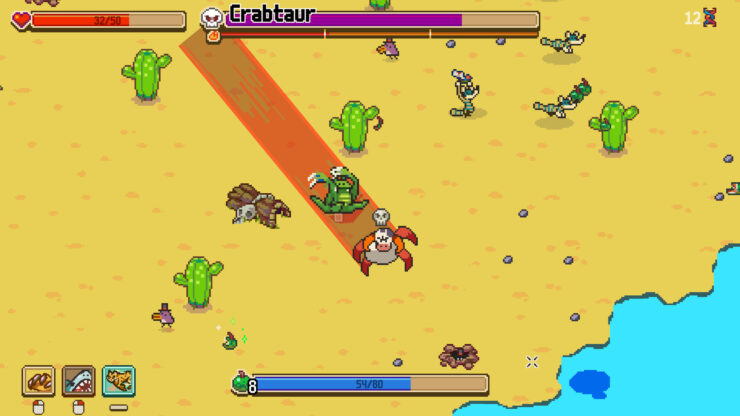 Everything is Crab - A Mixture of bull and crab rushes through a green creature in a desert.