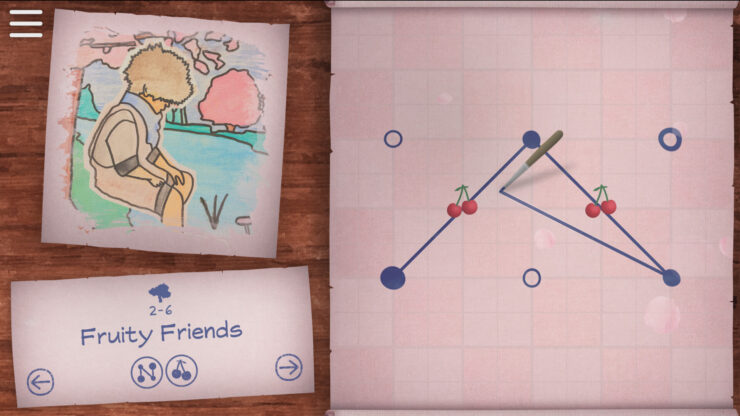 ink strings - several connected lines going through images of cherries. A picture of a person with their feet in a pond is on the left.