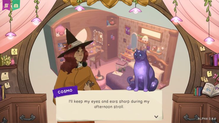 Design and Conjure - A witch speaks to a glowing cat. A cluttered bedroom is in the background behind them.