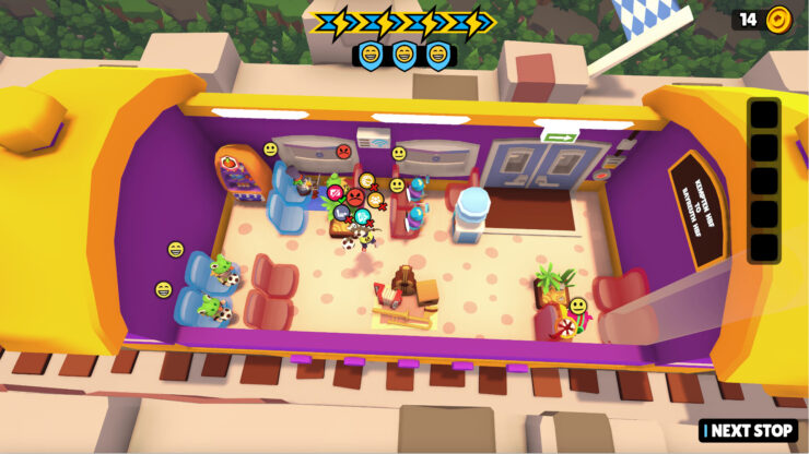 Train Jumble - Several humanoid animals are seated throughout a colorful train car. They all have symbols showing various emotions above their heads.