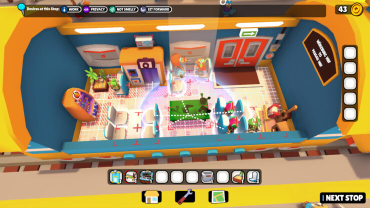 Train Jumble - A picture of the inside of a train car. A crafting table has been laid out in between some seats.