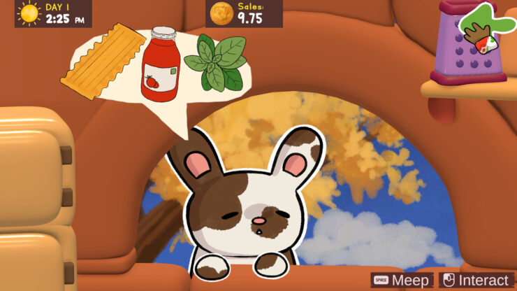 Pawsta - A bunny with a picture of pasta, sauce, and veggies over its head.