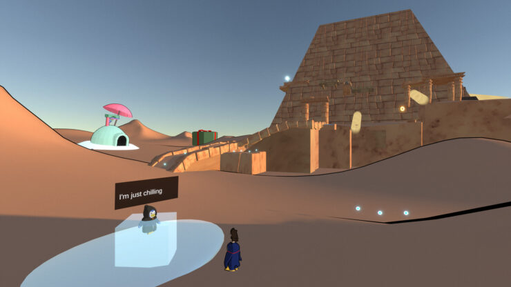 Spiny & Chilly - A penguin and hedgehog standing in a desert near another penguin encased in ice.