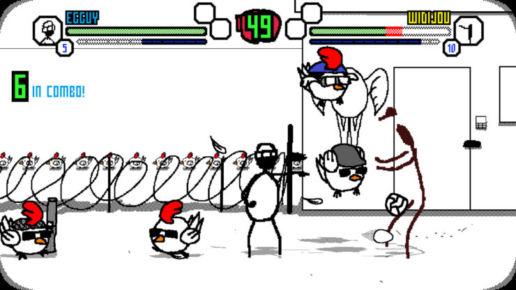Thumps & Blows - a pair of stick men fight in a yard filled with chickens wearing sunglasses.