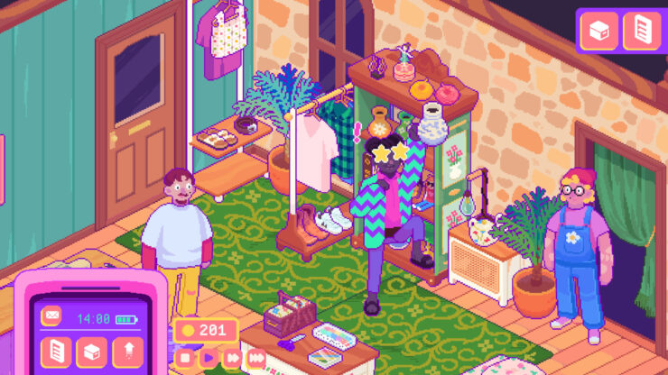 Thrifty Business - Several people meandering through a colorful thirft shop filled with clothes and pottery.