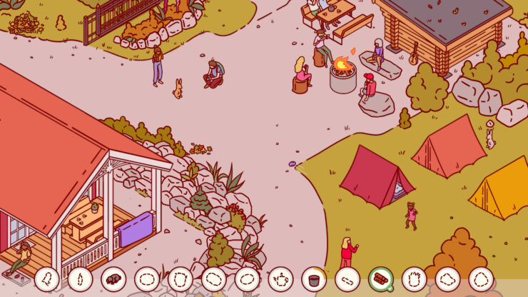 Nippets - Several people sit near a campfire. There are tents and cabins nearby.