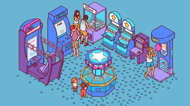 Nippets - several people of different ages playing various games in an arcade.
