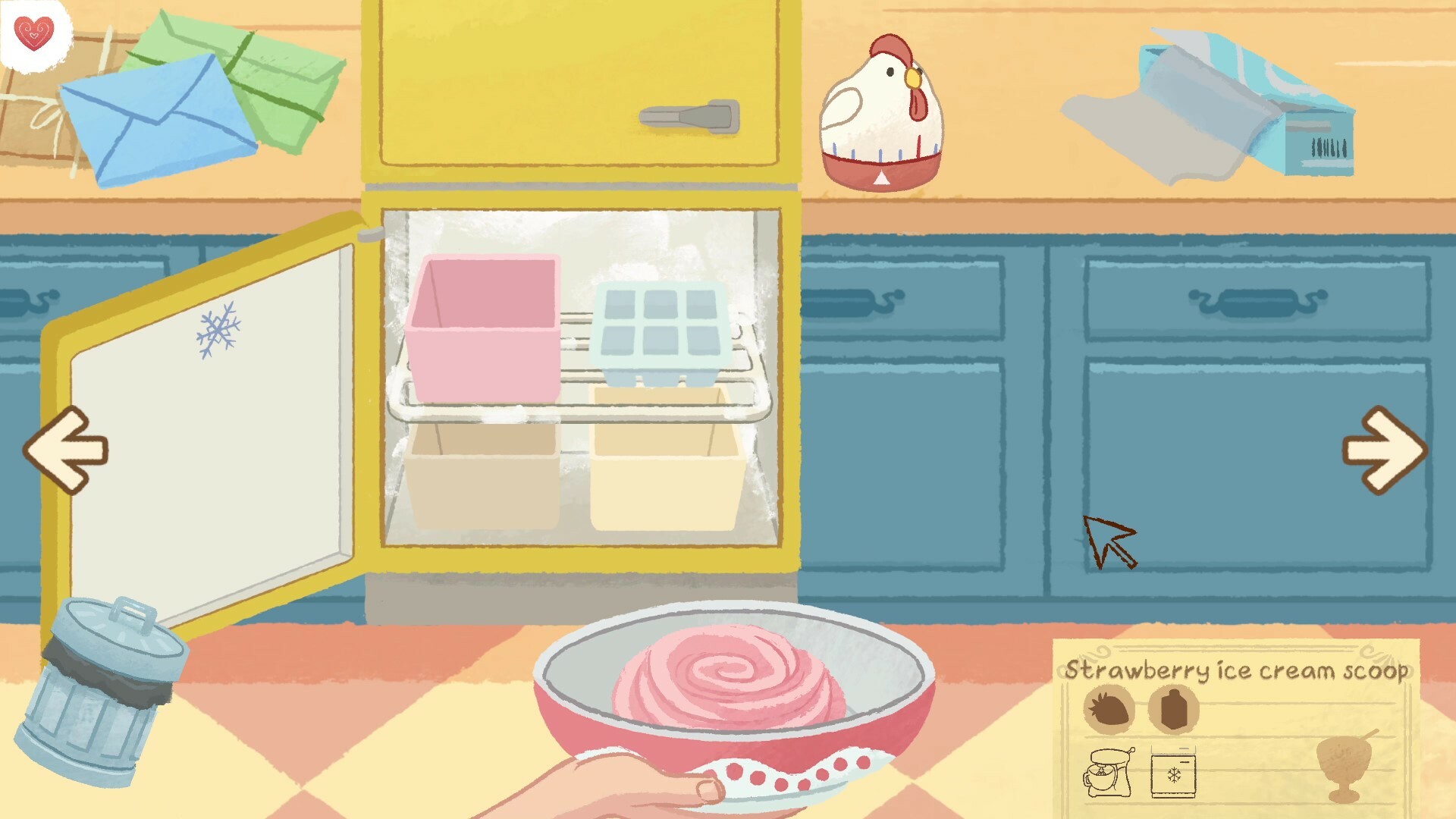 Cook for Love - A hand holding a bowl of mixed strawberry ice cream in front of an open fridge door.