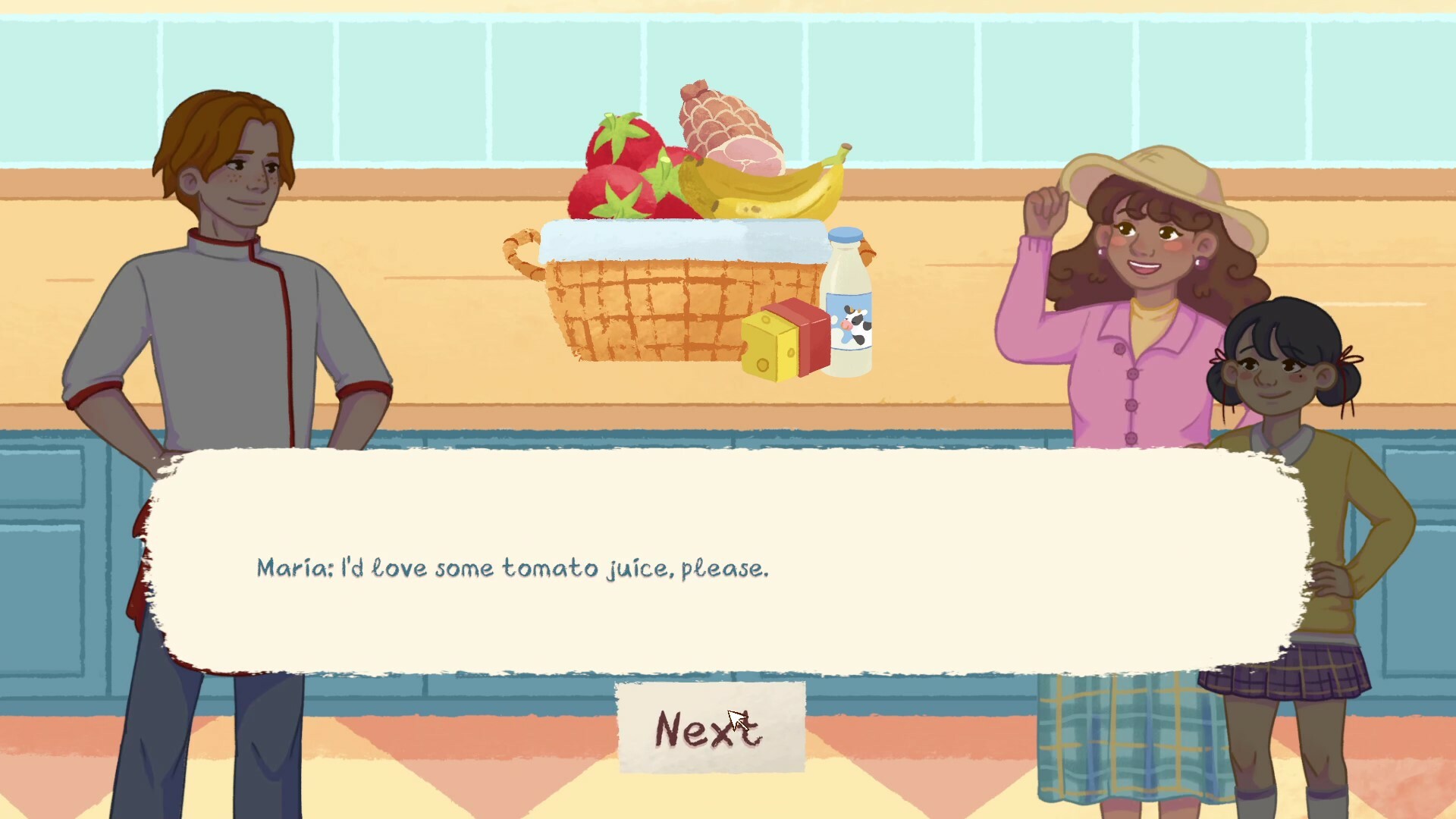 Cook for Love - A Woman and a young woman speak with a chef. The woman is asking for tomato juice.