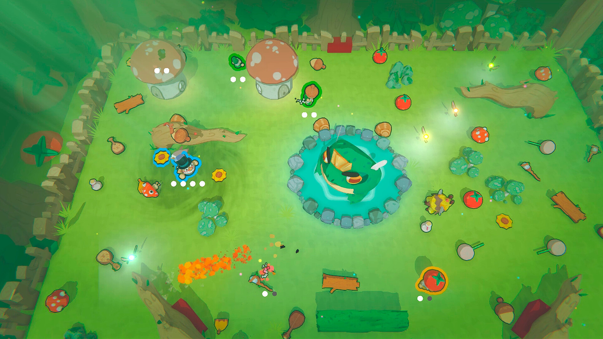 Gnaughty Gnomes - Several small gnomes run around a forest field with a giant frog in a pond in the middle.
