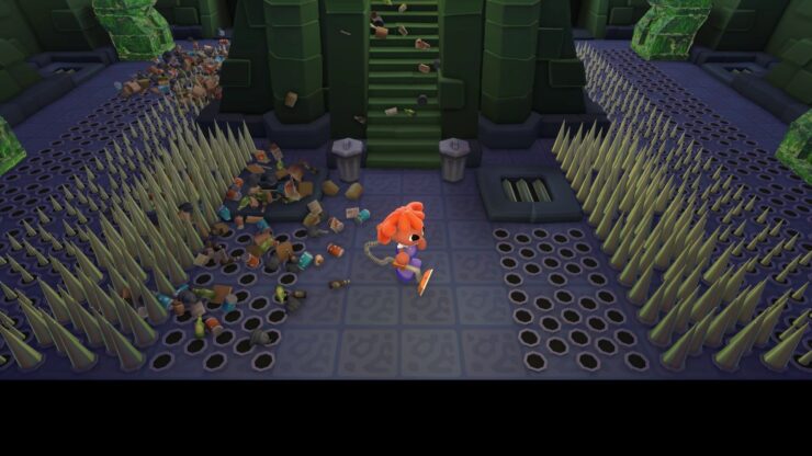Cleaning Up! - An orange-haired character is vacuuming in a room filled with trash and spikes.