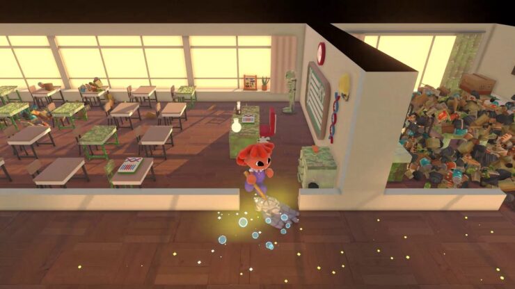 Cleaning Up! - An orange-haired character uses a mop on a schoolroom floor.