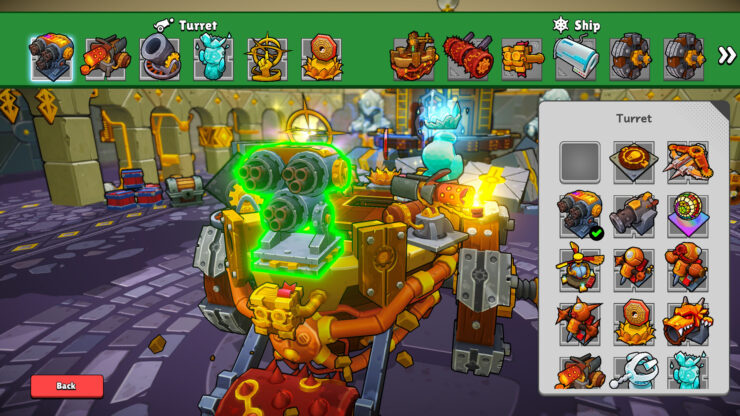 Zombie Rollerz - A green triple turret is being attached to a wooden tank already outfitted with a flamethrower.